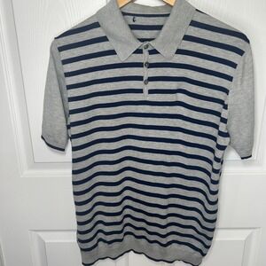 Hugo Boss Men's Striped Polo Shirt Gray Navy Short Sleeve Soft‎ Knit Cotton L